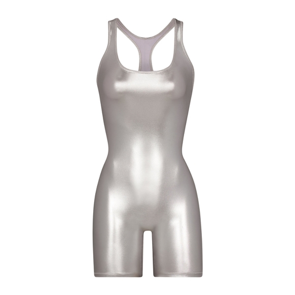 NWT SKIMS METALLIC SWIM CYCLE SUIT IN NICKEL SIZE SMALL - Picture 1 of 7